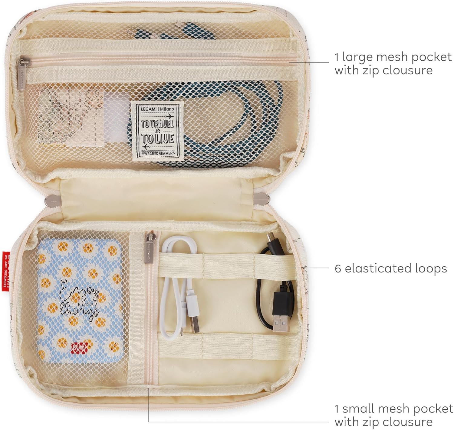 Legami - Cable Organizer, Travel Case for PC Phone Wires and Cables, Bag for Electronic Gadgets, Charger, Power Bank, Small Portable Bag, 24 x 14 x 4.8 cm, Beige, Soft