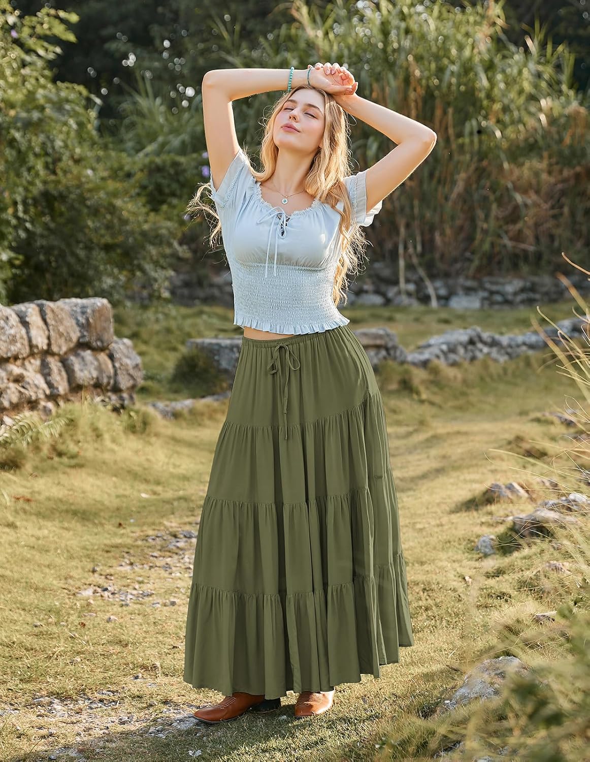 Scarlet Darkness Long Skirts for Women Flowy Boho Tiered Renaissance Maxi Skirt with Pockets