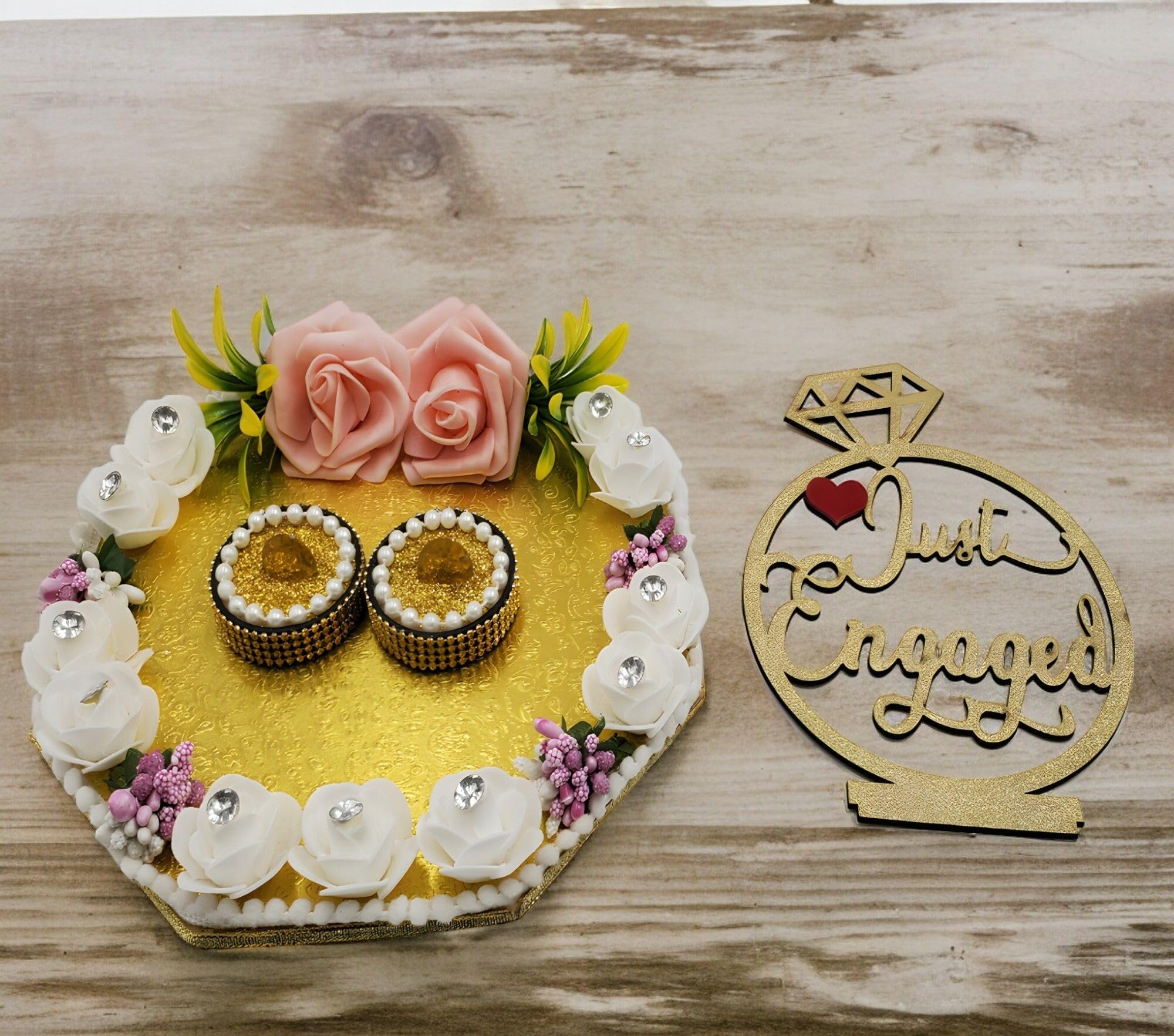 Engagement Decoration Tray with Ring Stand | White Floral & Pearl Design for Ceremony & Photoshoot 2