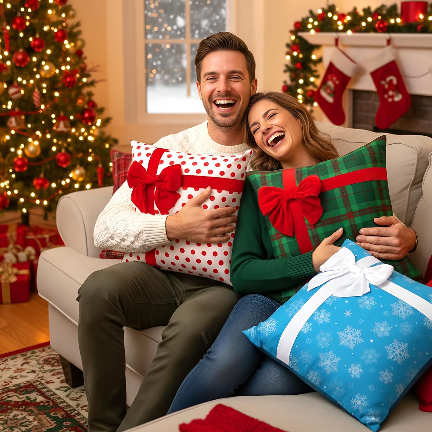 Breling 4 Set Christmas Pillow Covers 3D Bows Gift Box Pillow Cases 18 x 18 Inch Dot Stripe Plaid Snowflake Xmas Winter Cushion Cases for Christmas Chair Bed Sofa Cushion Home Decor