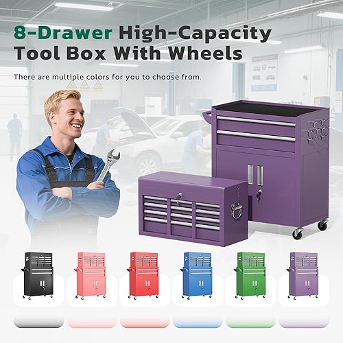 Miniatura 9 de Greenvelly Cofre de herramientas de metal con ruedas, gabinete de herramientas rodante de 8 cajones con caja de herramientas superior desmontable,