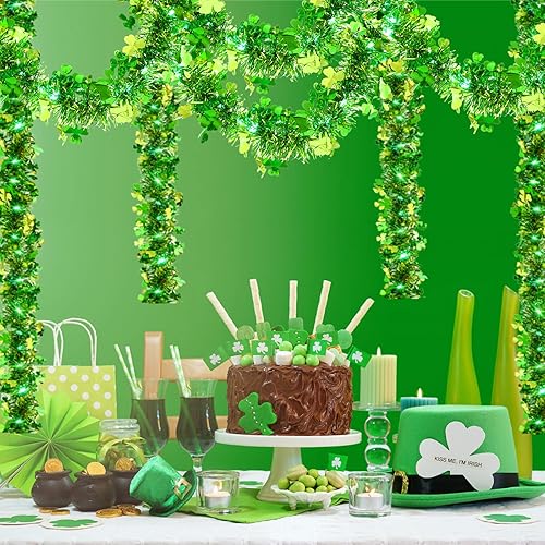 Miniatura 6 de Guirnalda de oropel del día de San Patricio de 656 pies guirnalda de oropel verde iluminada con trébol de la suerte guirnalda de oropel metálica con