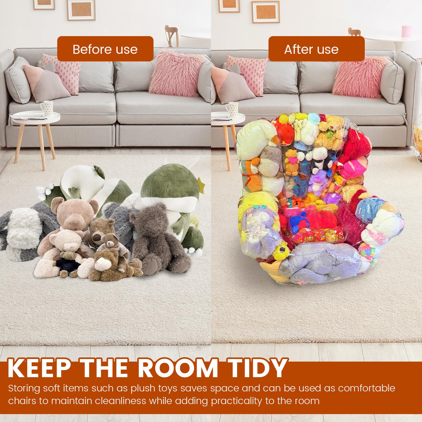 Kuscheltier Aufbewahrung 90x60x80cm Wasserdicht Transparenter Sitzsack Bezug Große Kapazität Leicht Befüllen Aufbewahrung Kuscheltiere für Puppen Handtücher Kissen Decken Kleidung