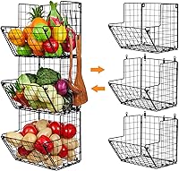 Vista 7 de X-cosrack Metal Wire Basket Wall Mount, 3 Tier Wall Storage Organizer with 5 S Hooks, Kitchen Fruits and Vegetables Bin Toys Organizer Hanging