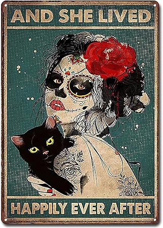 Amazon Co Jp 黒猫のタトゥーの女の子とヘナの顔の描画の壁の芸術の防水ポスター装飾的なプラーク 8x12インチ x30 Cm とヴィンテージの金属錫の看板の女の子 ホーム キッチン