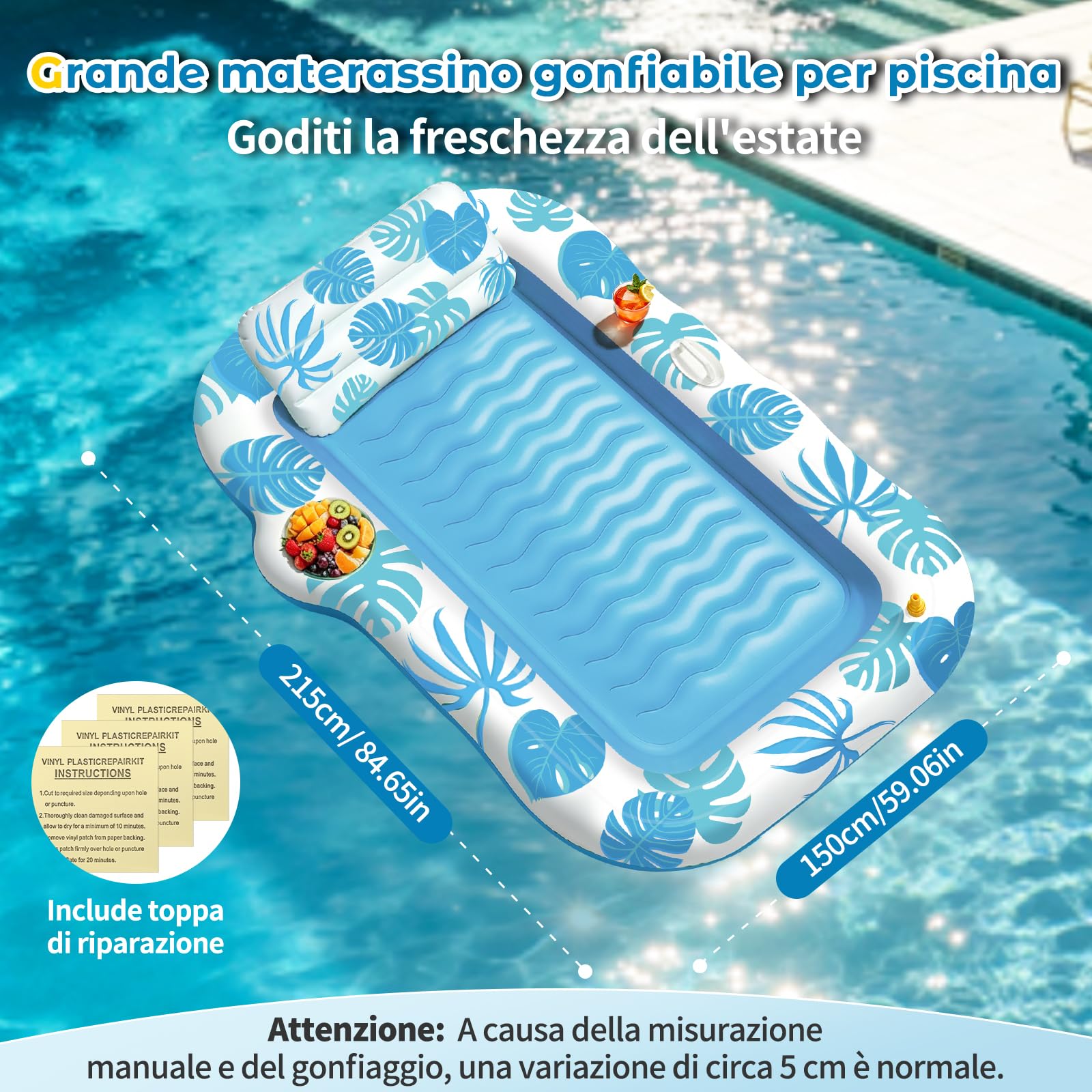 JONRRYIN Materassino Gonfiabile Mare Adulti, Tanning Pool con Funzione Spruzzo e Porta Bicchiere, Materassino Piscina 215×150 cm, Poltrona Gonfiabile Piscina Relax per Mare e Piscina