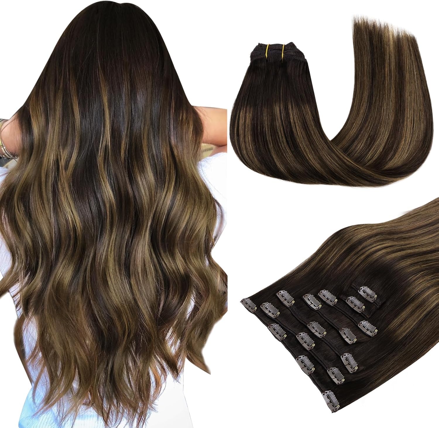 Human Hair Clip in Extensions, 120g 14 Inch 7pcs, Dark Brown Mixed Chestnut Brown Hair Extensions Clip in Human Hair Remy Hair Extensions Natural Straight Thick Hair-image-43