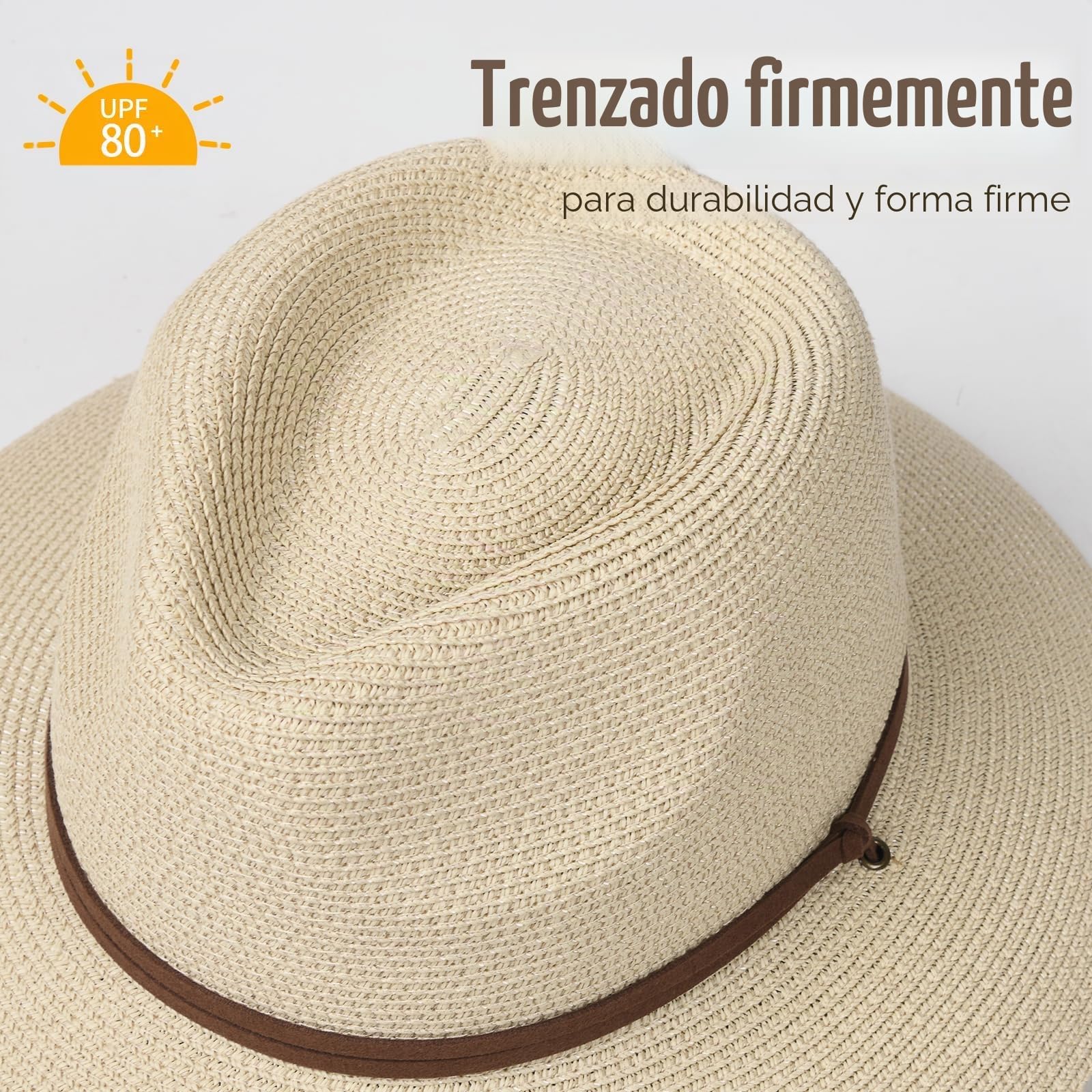 FURTALK Sombrero panamá unisex de ala ancha, sombrero de verano con protección UV, con correa de barbilla, sombrero de playa para hombre y mujer, sombrero de paja ajustable