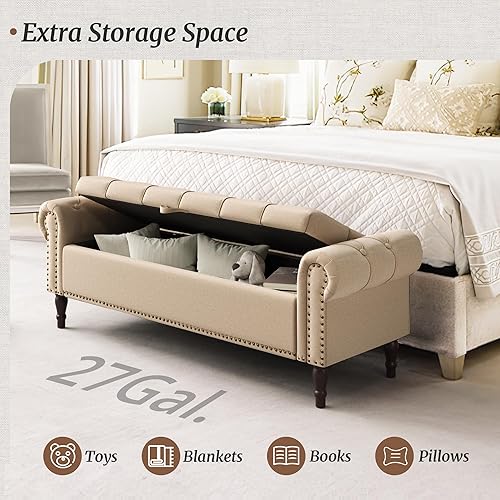Miniatura 4 de Cozyman Banco otomano de almacenamiento, 62 pulgadas de largo, de lino enrollado, banco de ventana con botón copetudo y ribete de cabeza de clavo