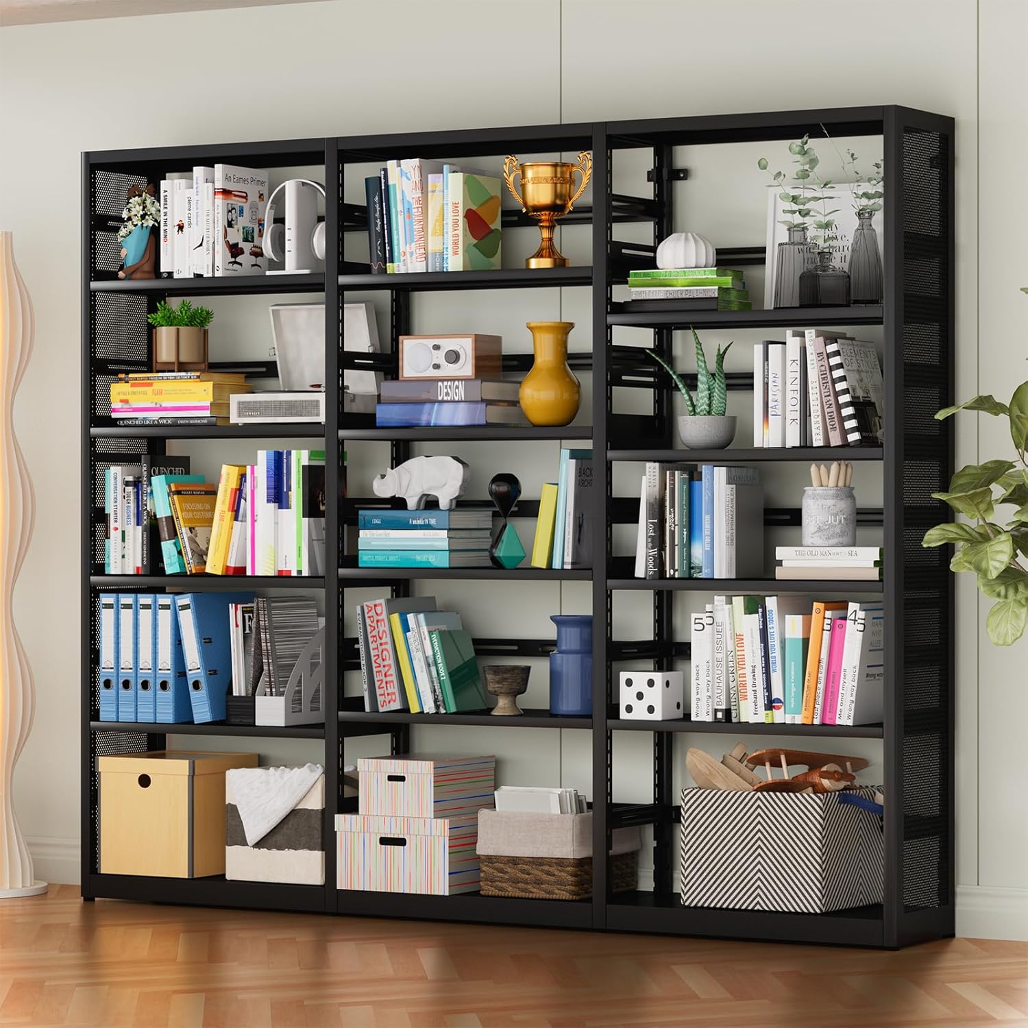 68''Tall Book Shelf, 5-Tier Bookshelves and Bookcases, Black Modern Stoage Bookshelf Organizer, Metal Display Shelf with Adjust Shelves（1 Main Shelf and 2 Sub-Shelf）