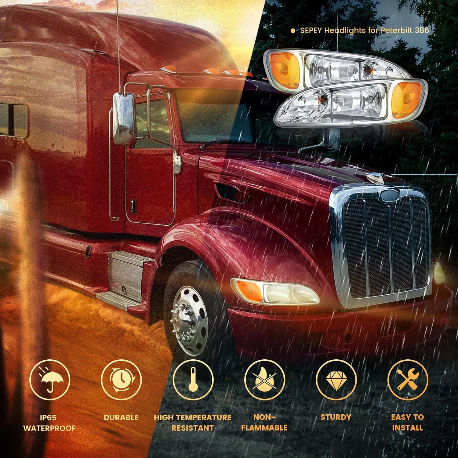 SEPEY Headlights Compatible with Peterbilt 330 335 325 384 337 340 348 382 386 387, OE Replacement Headlamps Assembly with Bulb A Pair (Left & Right)