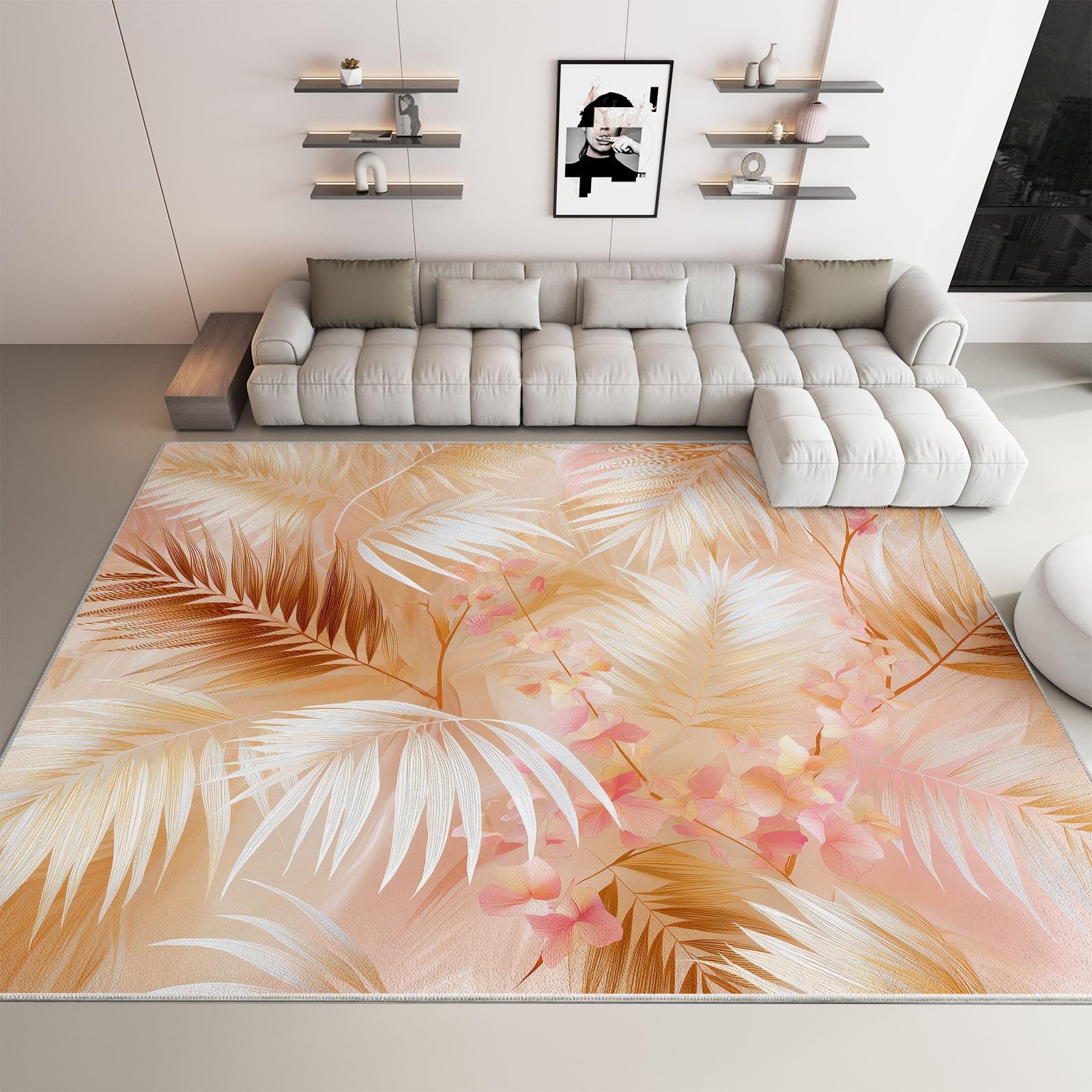 Generico Dywan do salonu z krótkim włosiem 160 x 230 cm można prać w pralce, antypoślizgowy prostokątny retro kwiatowy wzór liści druk artystyczny, do dekoracji domu sypialni beżowy