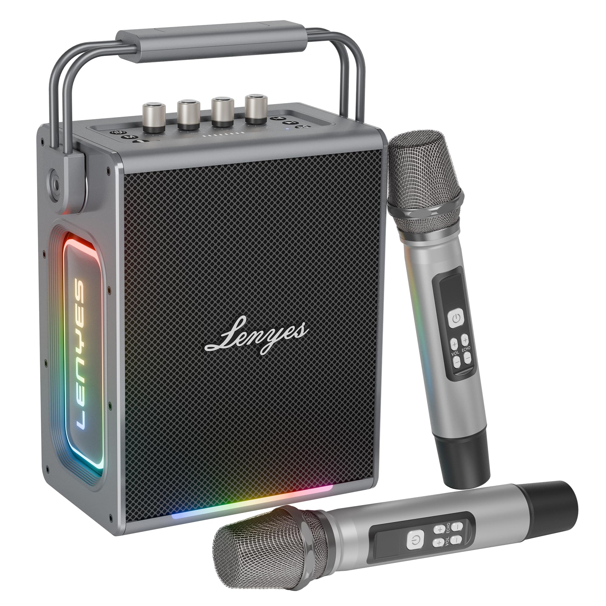 Lenyes Titan 1 Bluetooth Party Speaker | 180W Peak | 2 Wireless UHF Mics | RGB Lights | TWS Stereo | IPX6 Waterproof | 15000mAh Battery | AUX/USB/TF/OTG | Lenyes Audio App Support