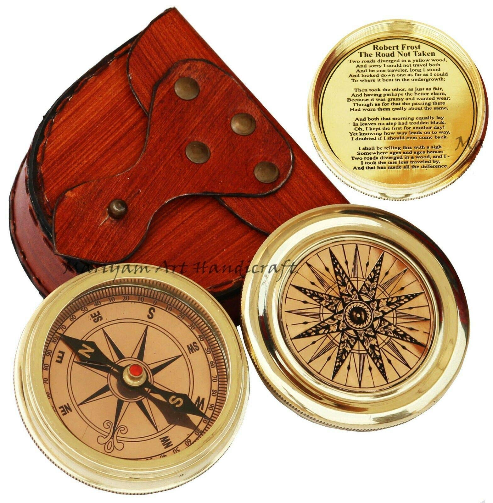 Mariyam Art Handicraft Antiqued Brass Poem Compass ''Robert Frost Poem'' Engraved Compass with Leather Case.