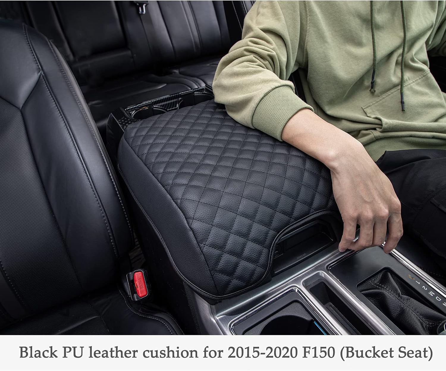 JDMCAR Center Console Cushion Compatible with 2015-2020 Ford F150 / 2017-2022 F250 F350 F450 and 2018-2024 Expedition Accessories, Customized PU Leather Armrest Cover Protector (Bucket Seat Only)