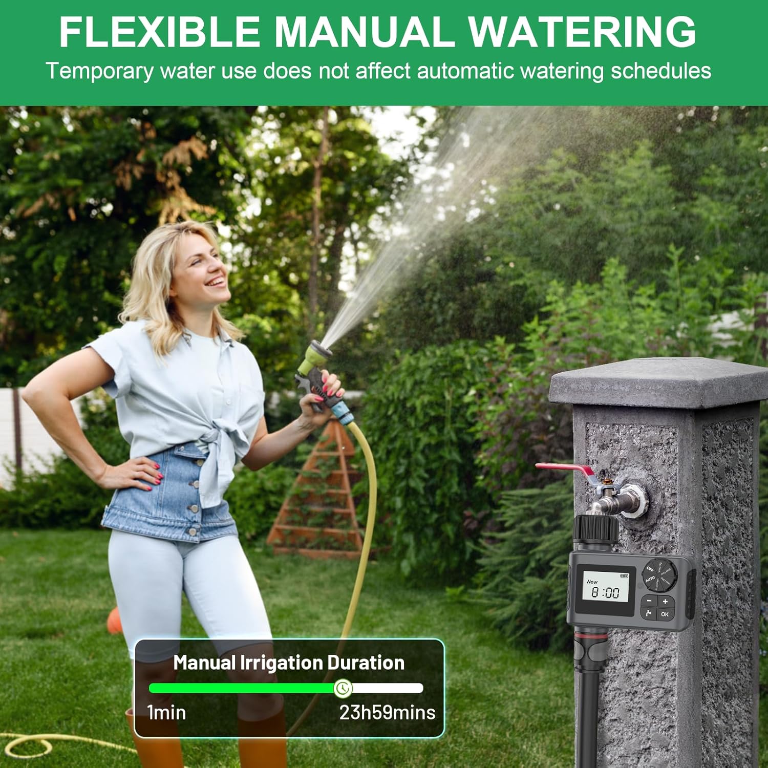 Person watering plants with a hose connected to the Insoma Water Timer, showing manual irrigation duration setting