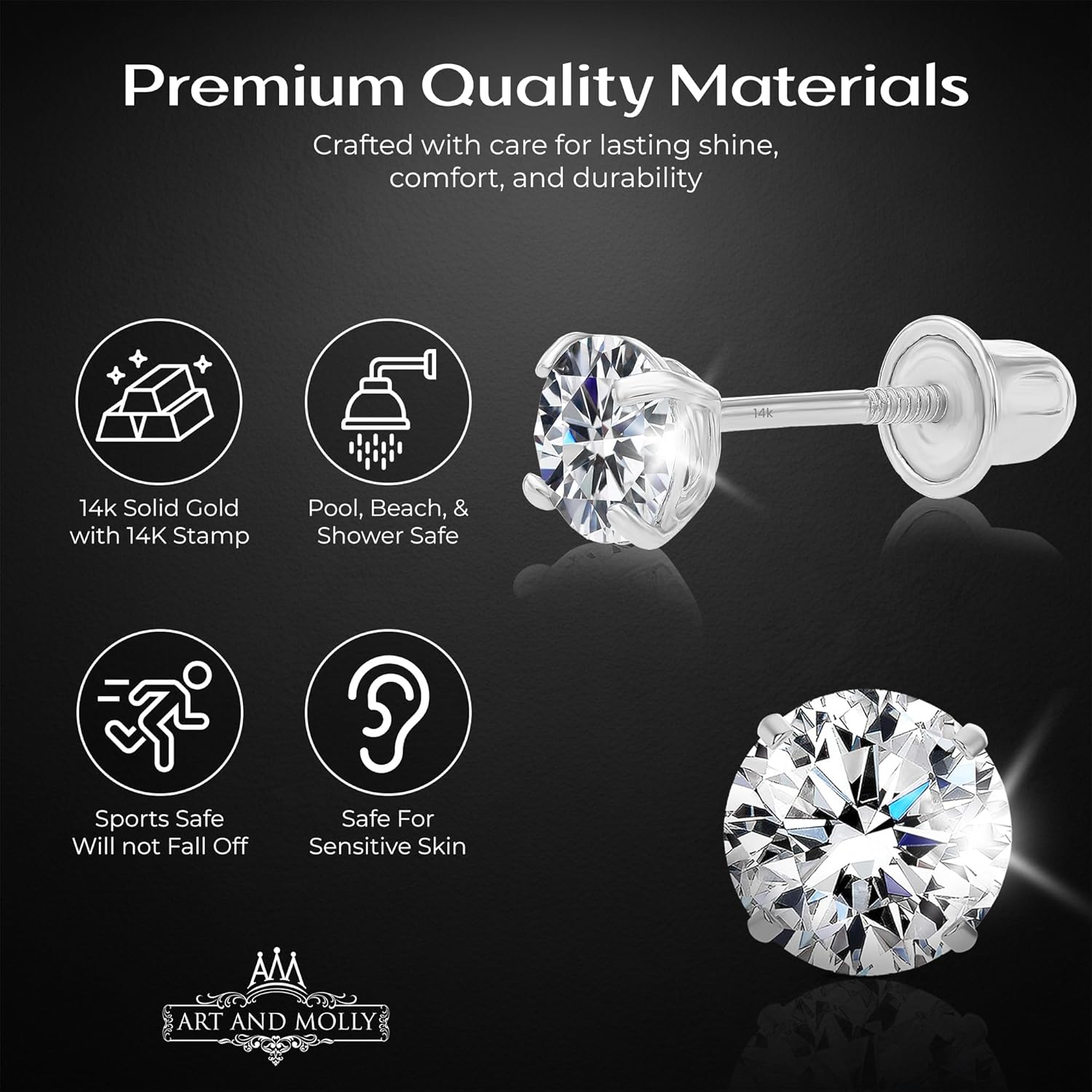 Art and Molly 14K Solitaire Gold Earring Solid 14-Karat Round Cubic Zirconia Stud Earrings with Screw-Back, CZ Studs with Gift-Ready Box - Image 2