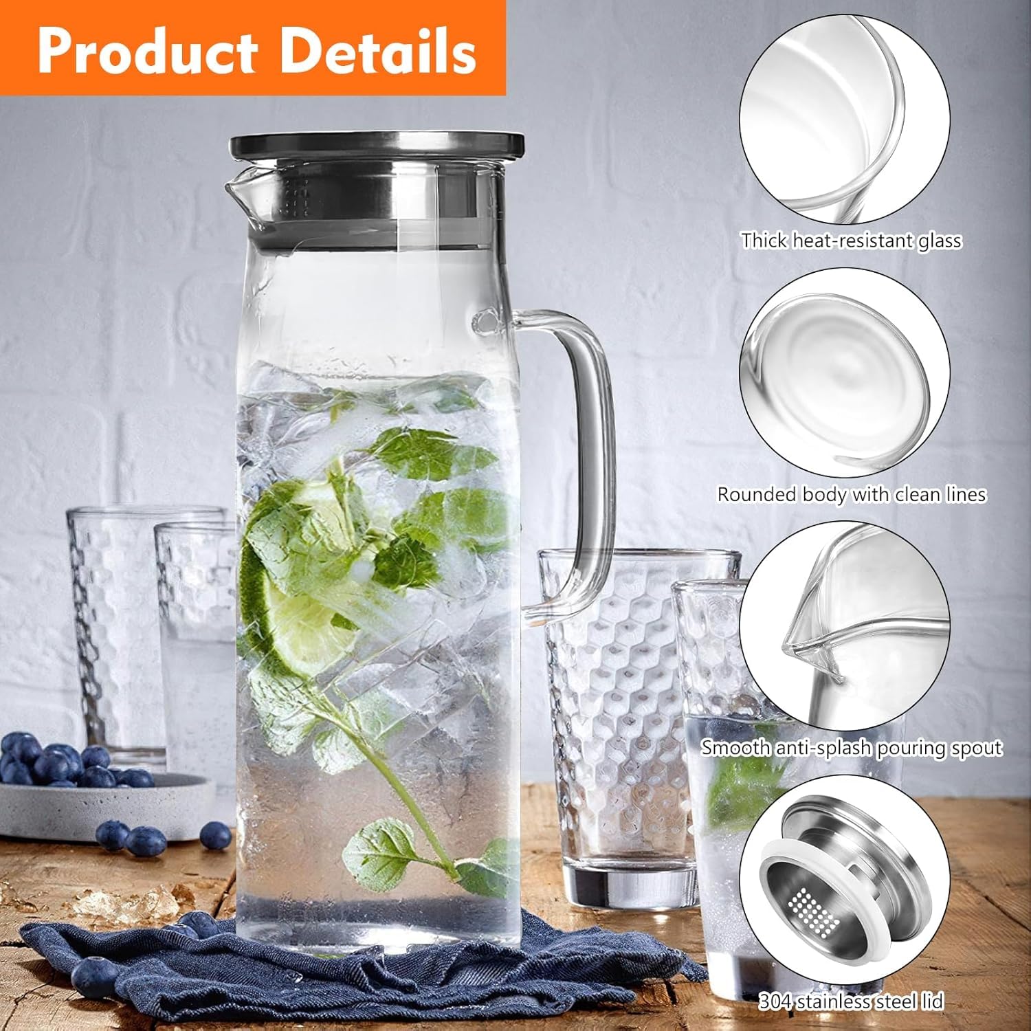 2PCS 1,5L Caraffa in Vetro Borosilicato Con Coperchio, Brocca d'Acqua Con Spazzola per Tè Ghiacciato, Acqua Calda Fredda, Succo