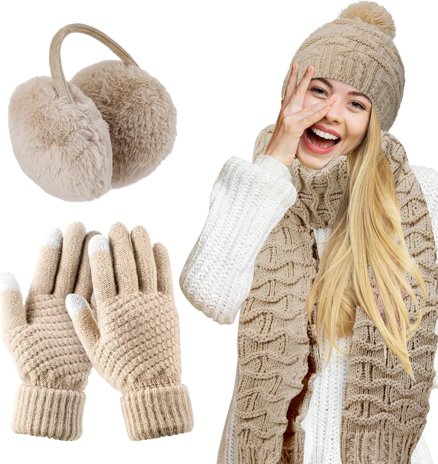 JenPen 4 Pcs Winter Hat Scarf and Gloves Set for Women Include Ear Cover Cold Weather Scarf Hat Knit Beanie Gloves