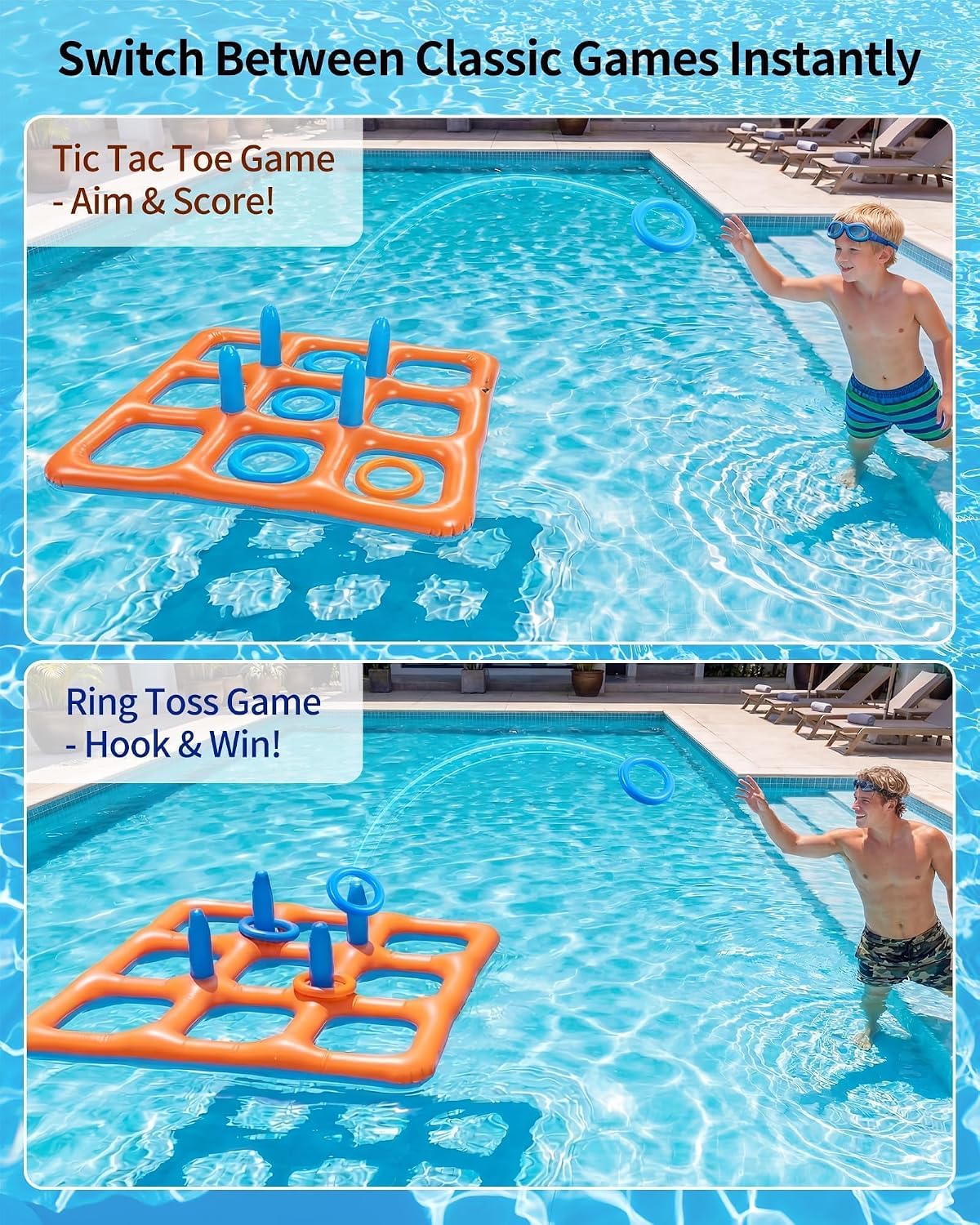 Pool Toys for Kids Adults: 2 in 1 Tic Tac Toe & Ring Toss Pool Games for Family - Outdoor Water Toys - Giant 59" Floating Beach Party Toy - 2–10 Players - All Ages Summer Gifts