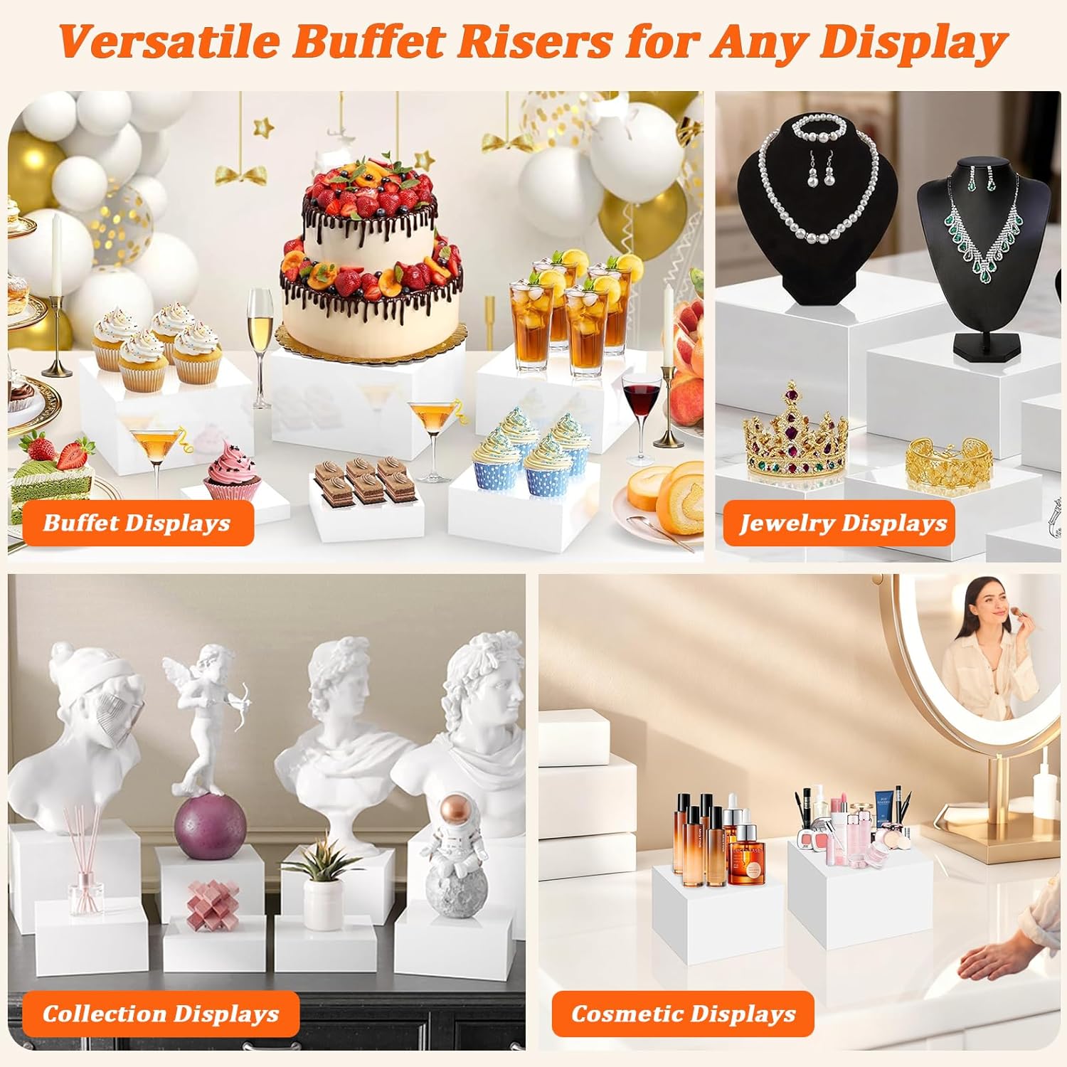 8-Pack Acrylic Buffet Risers Set - Versatile Display Stands for Dessert Tables, Collectibles, and Party Food Presentation (3" to 10" Sizes, White)
