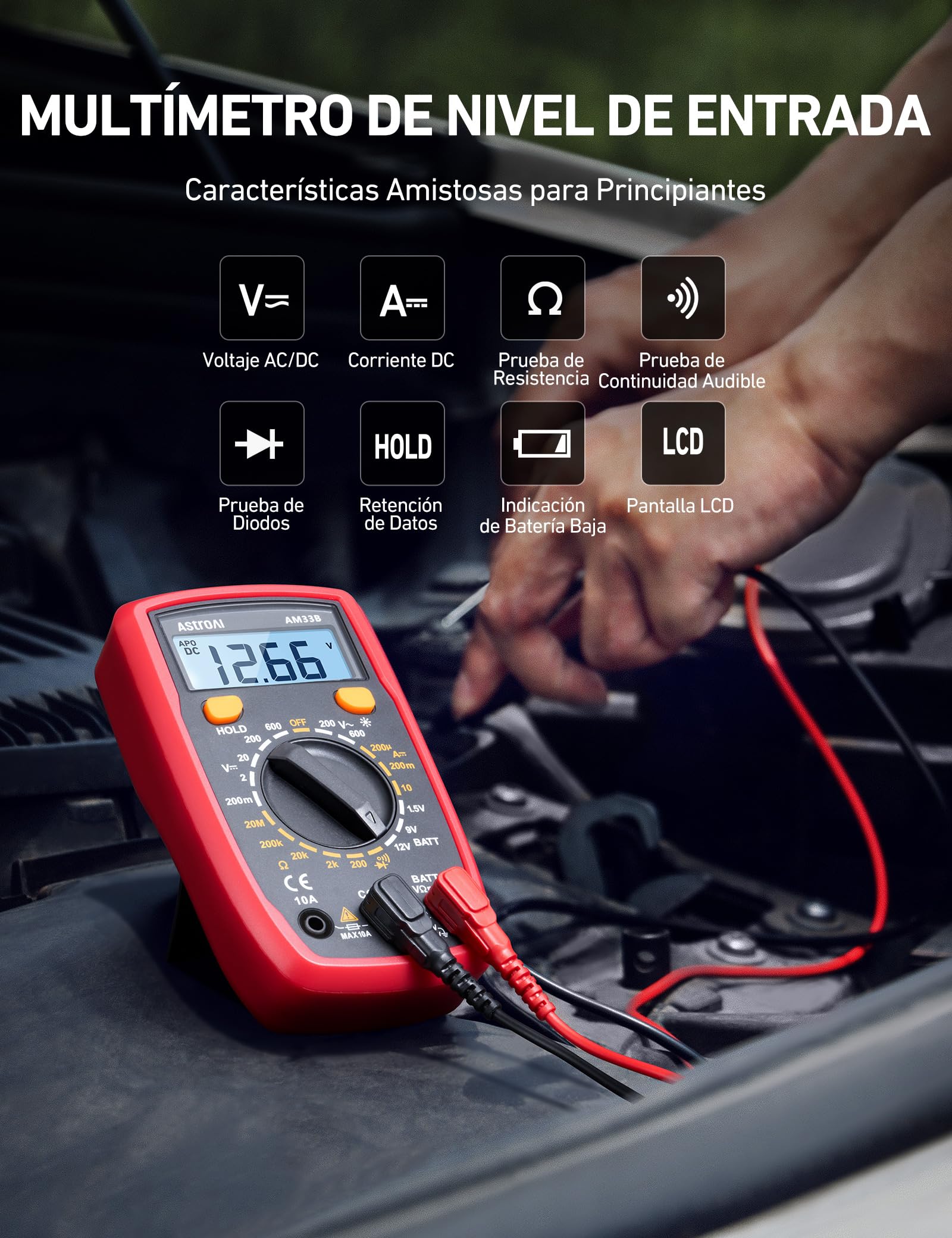 AstroAI Multímetro Digital, Polímetro Profesional, Voltímetro, Tester Electricista, Multimeter para Corriente CC, Voltaje CA/CC, Resistencia, Continuidad y Diodos de Prueba, Negro - 2