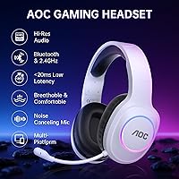 Vista 2 de AOC Auriculares inalámbricos para juegos compatibles con PS5/4, PC, USB-C y Bluetooth 5.4 y 2.4GHz, auriculares para juegos con micrófono de Blanco