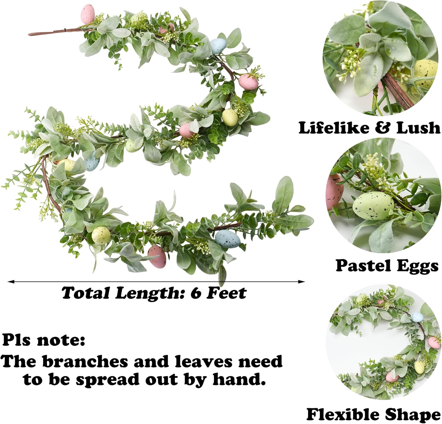 AOMOONOA 6 FT Easter Garland Artificial Egg Garlands with Green Leaves Easter Decorations for Home, Spring Decor for Mantle Fireplace Table Door
