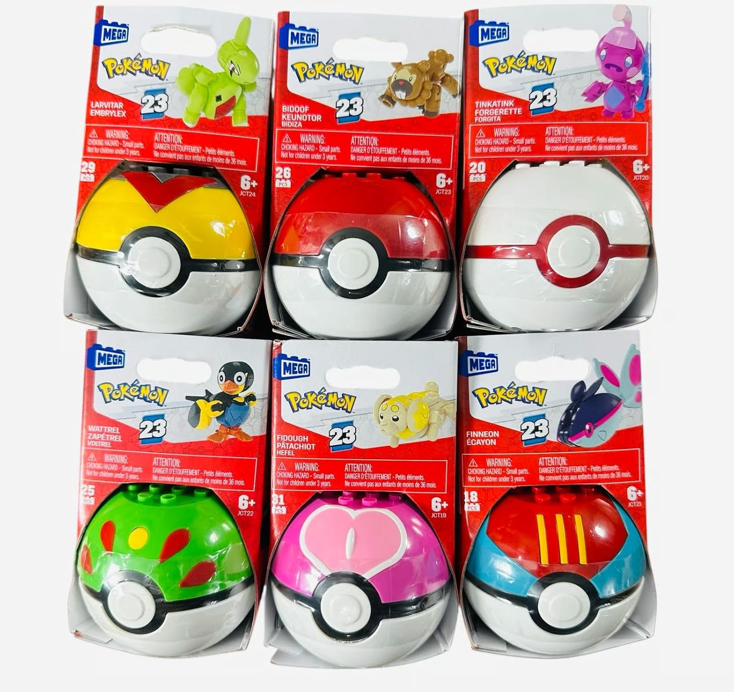 MEGA Pokémon Poké Ball Building Toy Set, Series 23, 6 Packs, Larvitar, Bidoof, Fidough, Finneon, Wattrel, Tinkatink, Ages 6+ FPM00-963P
