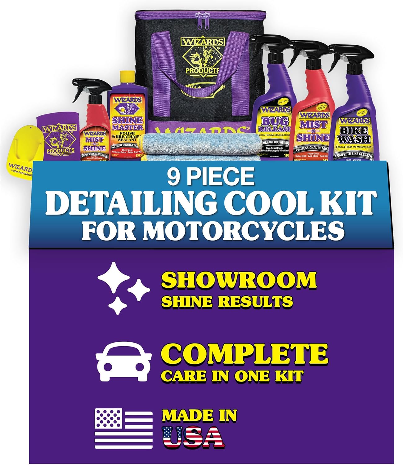 Wizards Motorcycle Cool Kit 22700 – Complete 82 oz Detailing Set with Mist-N-Shine, Bug Remover, Bike Wash, Polish, Microfiber Cloth – Professional Exterior Cleaning Supplies and Care Accessories