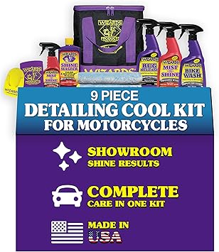 مجموعة Wizards Motorcycle Cool Kit 22700 كاملة 82 أونصة مع Mist-N-Shine ومزيل الحشرات وغسيل الدراجات والتلميع وقماش الألياف الدقيقة ولوازم التنظيف الخارجي الاحترافية وإكسسوارات العناية