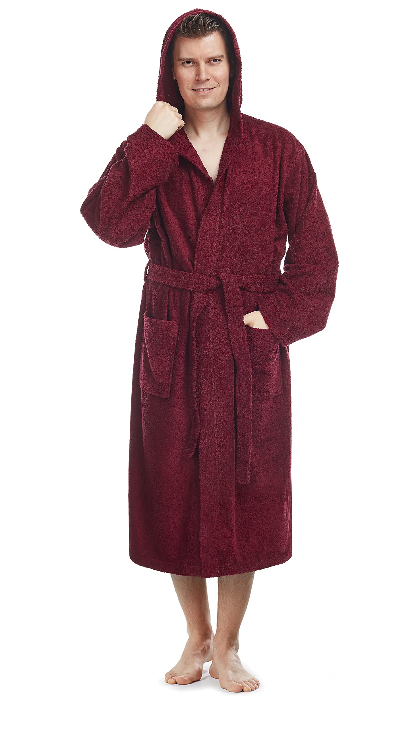 Arus Men's Burgundy Bathrobe With Hood, 100% Cotton Terry, Calf-Length, L-Xl,