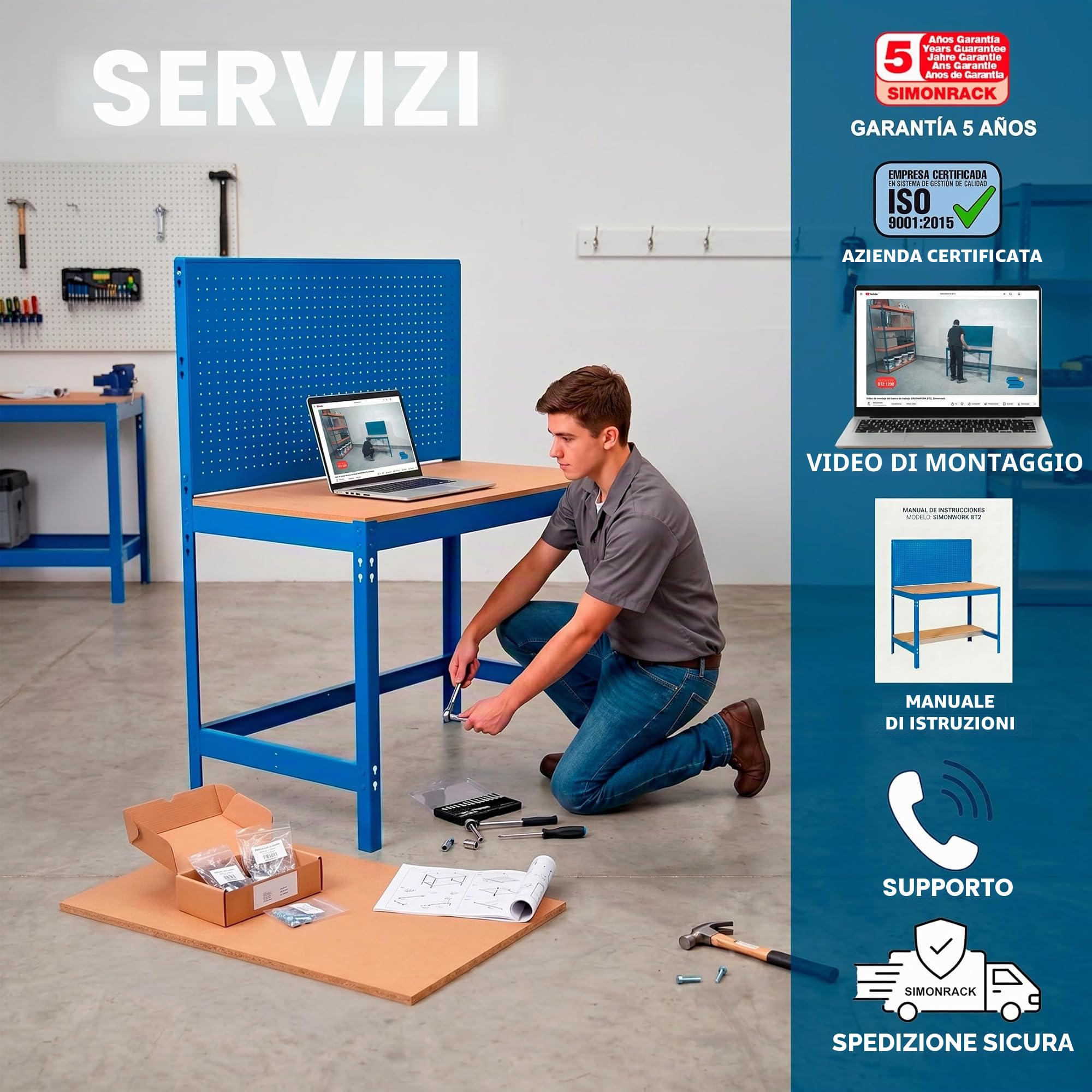 Simon Rack Banco da lavoro per officina, capacità di carico 400 kg, 1445x910x610 mm, Pannello Forato, Tavolo da lavoro fai da te, Antracite/Legno - BT2
