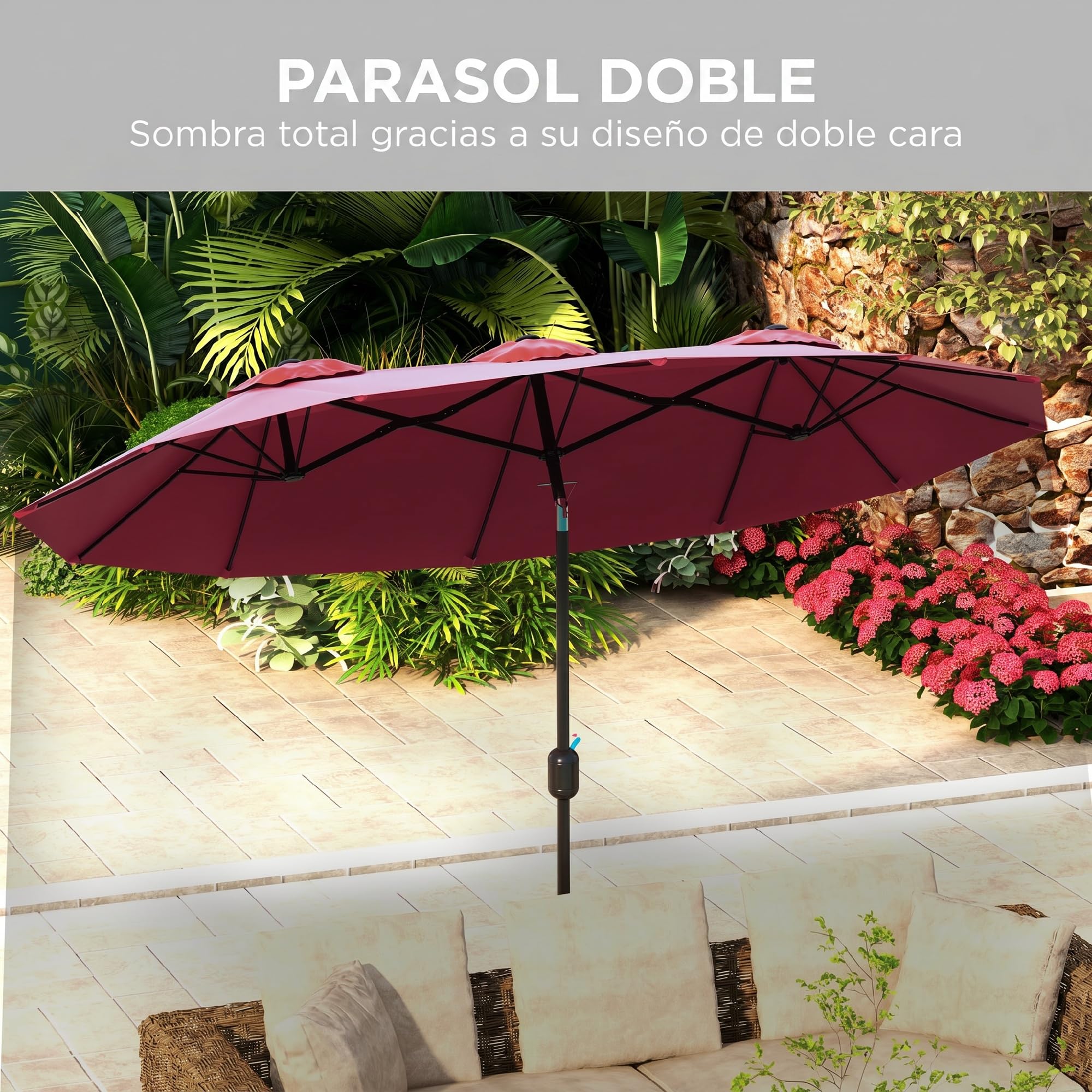 Outsunny Sombrilla Doble 2,95x1,52m Inclinación 45° Manivela Rojo Vino | Sombrilla Terraza Exterior, Manivela Manual, Ventilación, Impermeable, Parasol Jardín Piscina