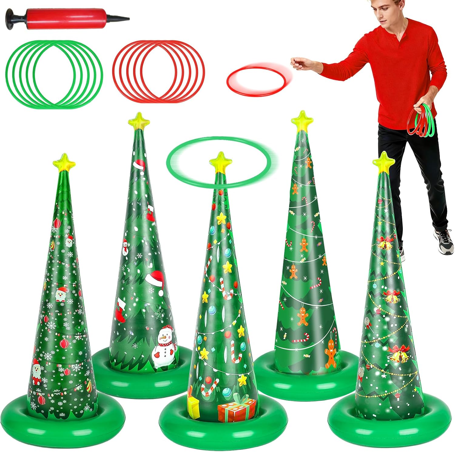 5 Pack Christmas Ring Toss Games, Christmas Tree Inflatable Ring Toss Game Set with Pump, for Adults, Family, Holiday Indoor Outdoor Party Game Garden Toys Gifts