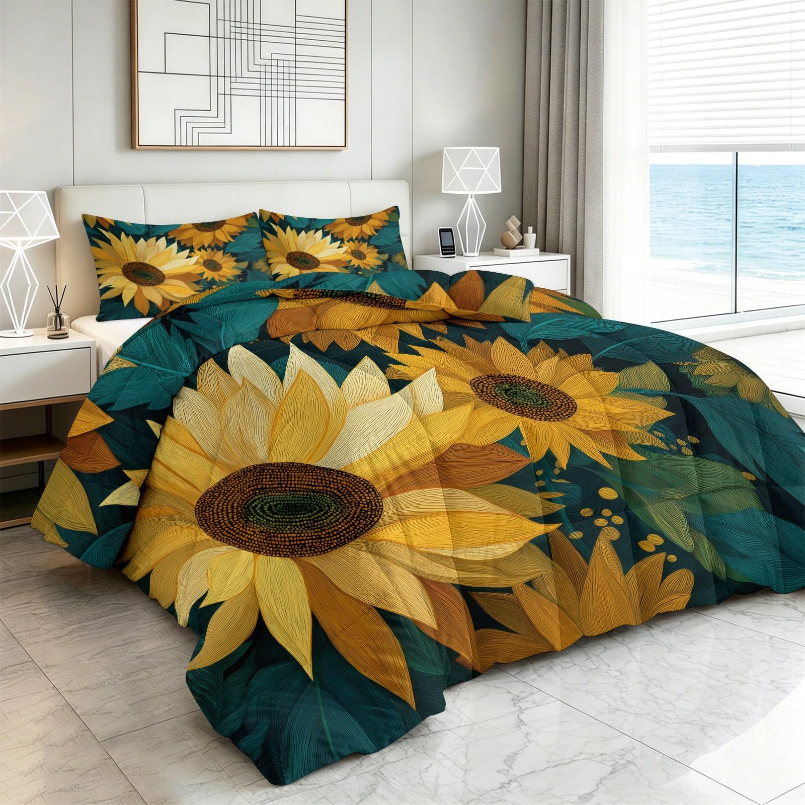 Set copripiumino trapuntato king size con semi di girasole, 7,5 Tog, reversibile, stile rustico, per tutte le stagioni, leggero, lavabile in lavatrice, 230 x 220 cm