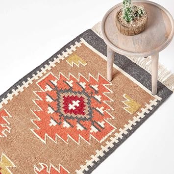 HOMESCAPES Jaipur Brown, Orange & Grey Handwoven Kilim Runner Rug for Hallway Traditional Wool Rug with Fringe, Runner 66 x 200 cm