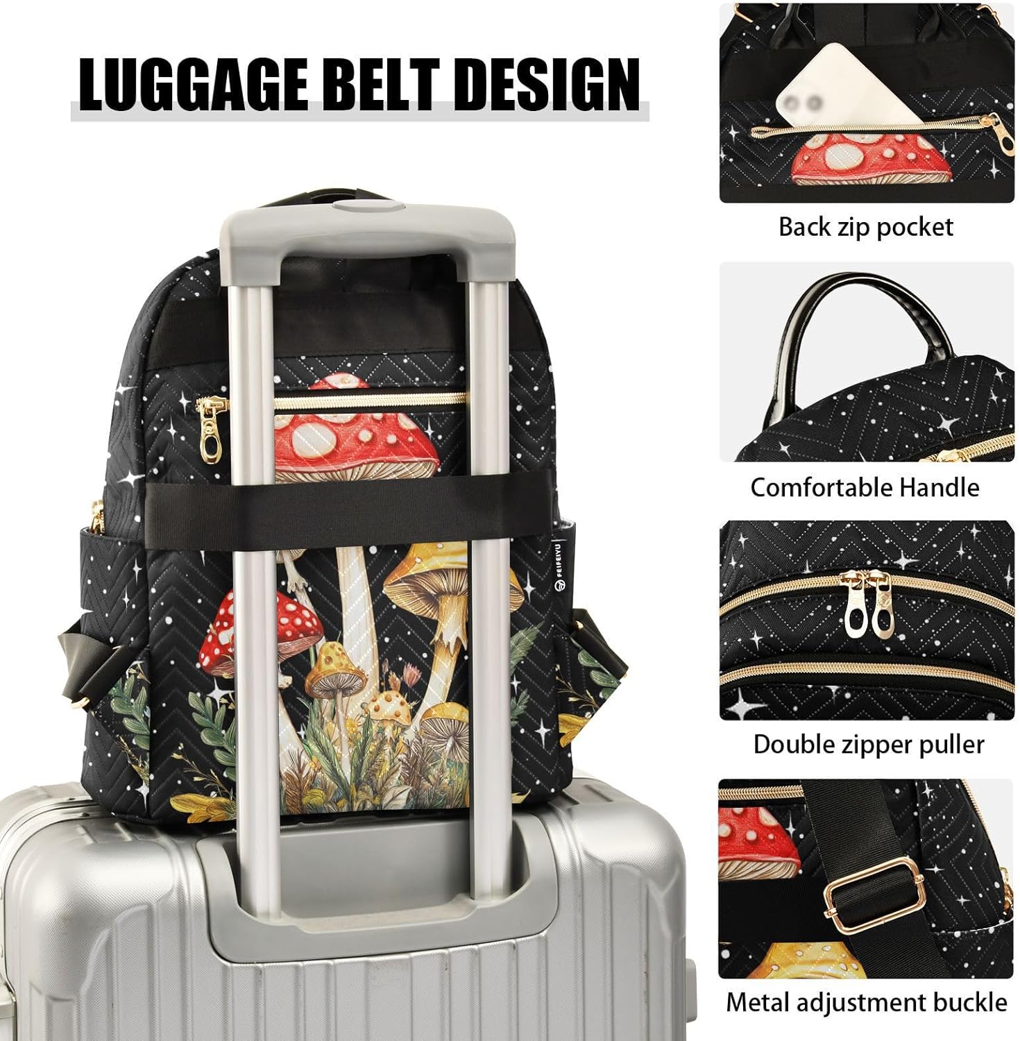 Mushroom Quilted Backpack Purse for Women Fashion Small Backpack Shoulder Bag Travel Casual Daypack S - Image 4