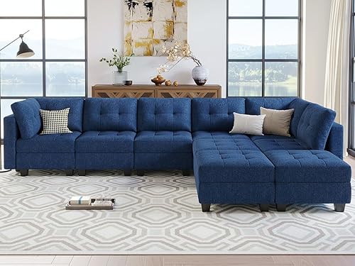 Miniatura 4 de Belffin Sofá modular en forma de L azul con almacenamiento, 9 asientos, algodón, firme, moderno, interior