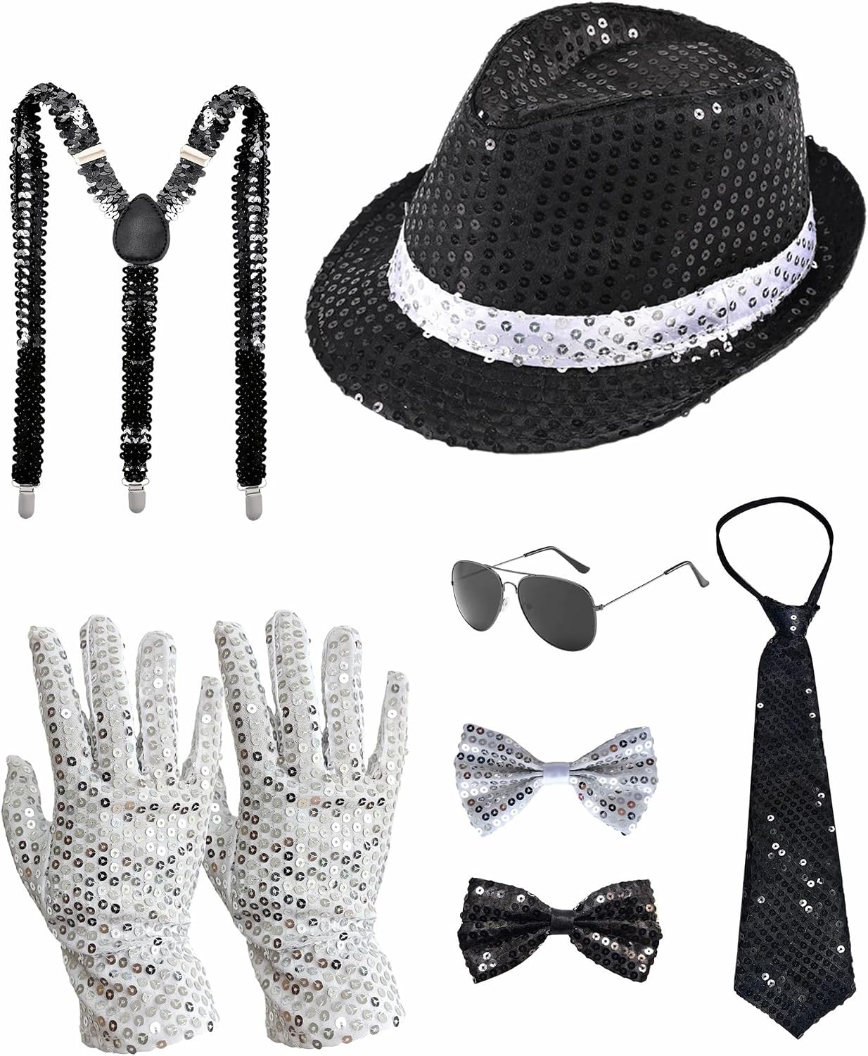 Pop Star Costume 70s 80s Disco Outfits for Men Women | Halloween, Accessories Included Glitter Gloves, Black Hat, Sunglasses, Tie, Bowtie