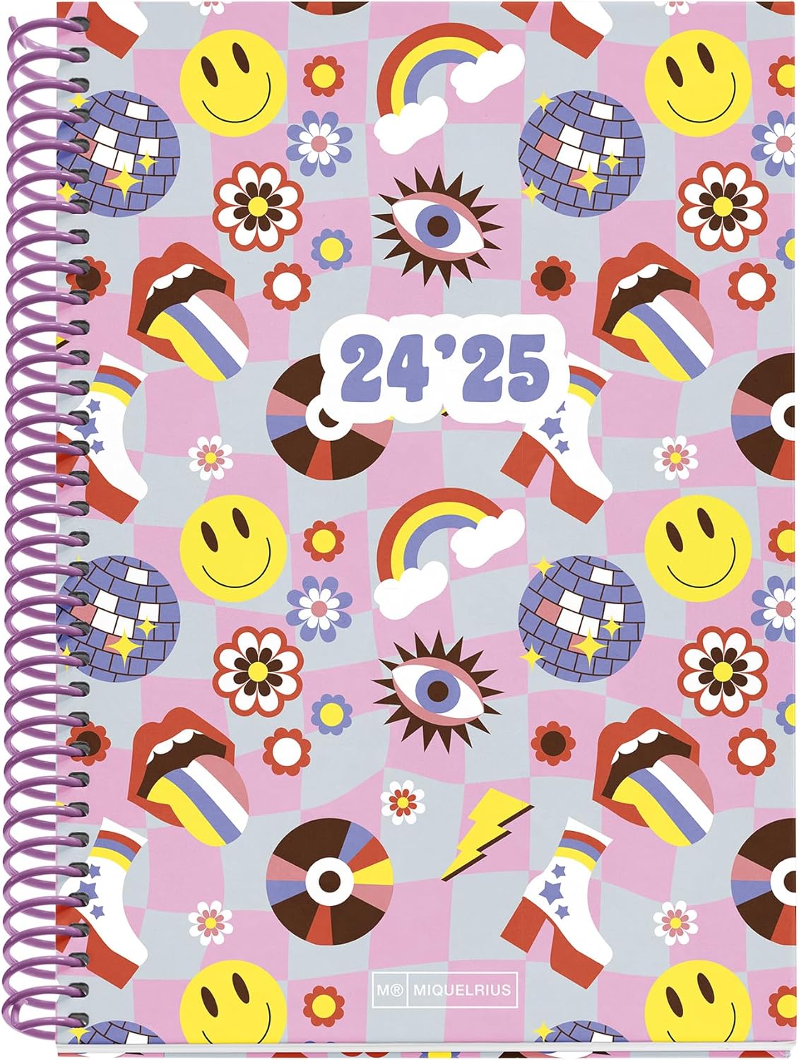 Miquelrius - School Diary 24-25, September 2024 to June 2025, Size 150 x 213 mm, Week View, Pink Plastic Spiral, Lined Cardboard Cover, Rubber Closure, Spanish and English, Disc