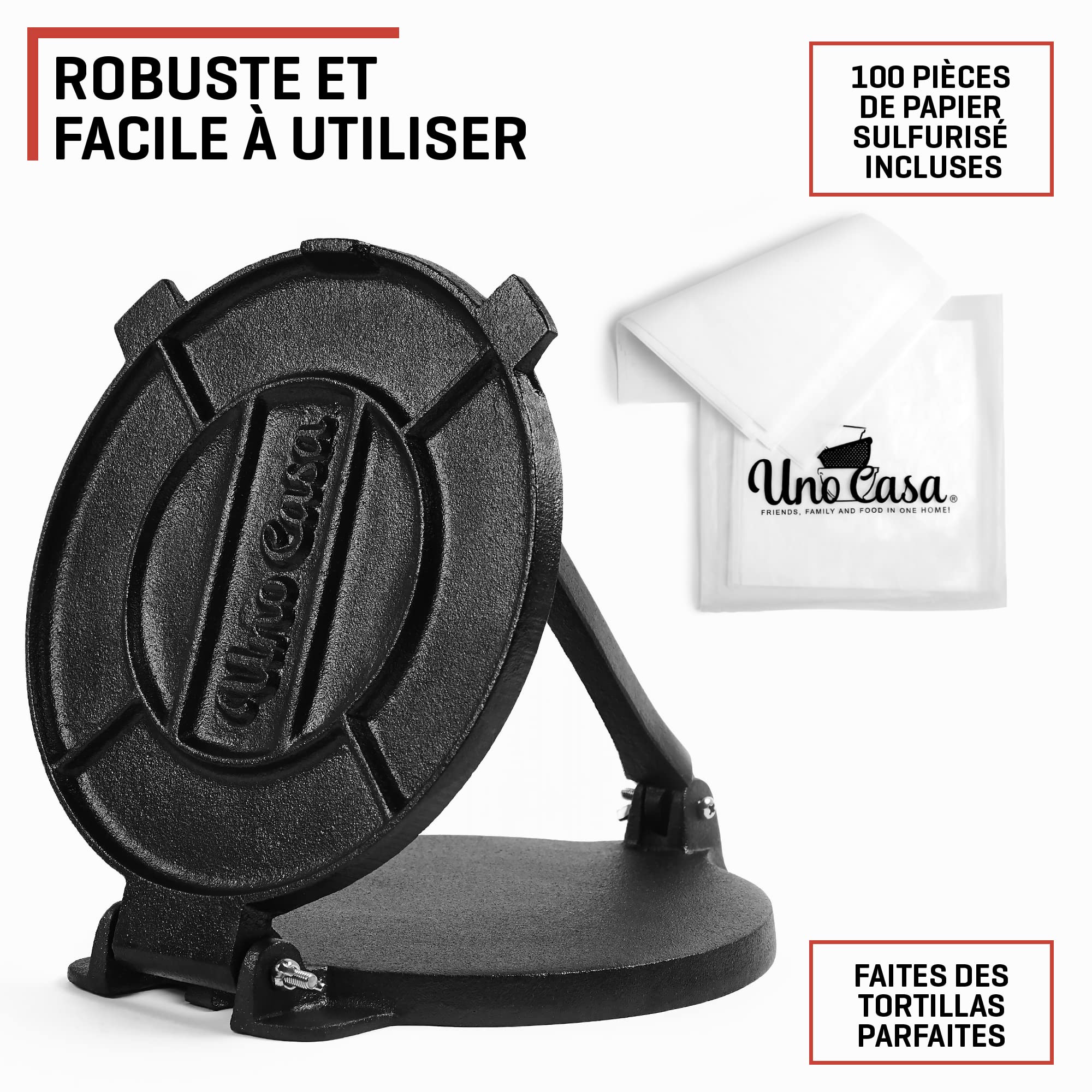 Uno Casa Tortilla et Machine à Crêpe – Fonte résistante – 20 cm– Parfait pour les Crêpes, les Tartes, les Rotis, les Raviolis – 100 Feuilles de Papier Sulfurisé en Bonus