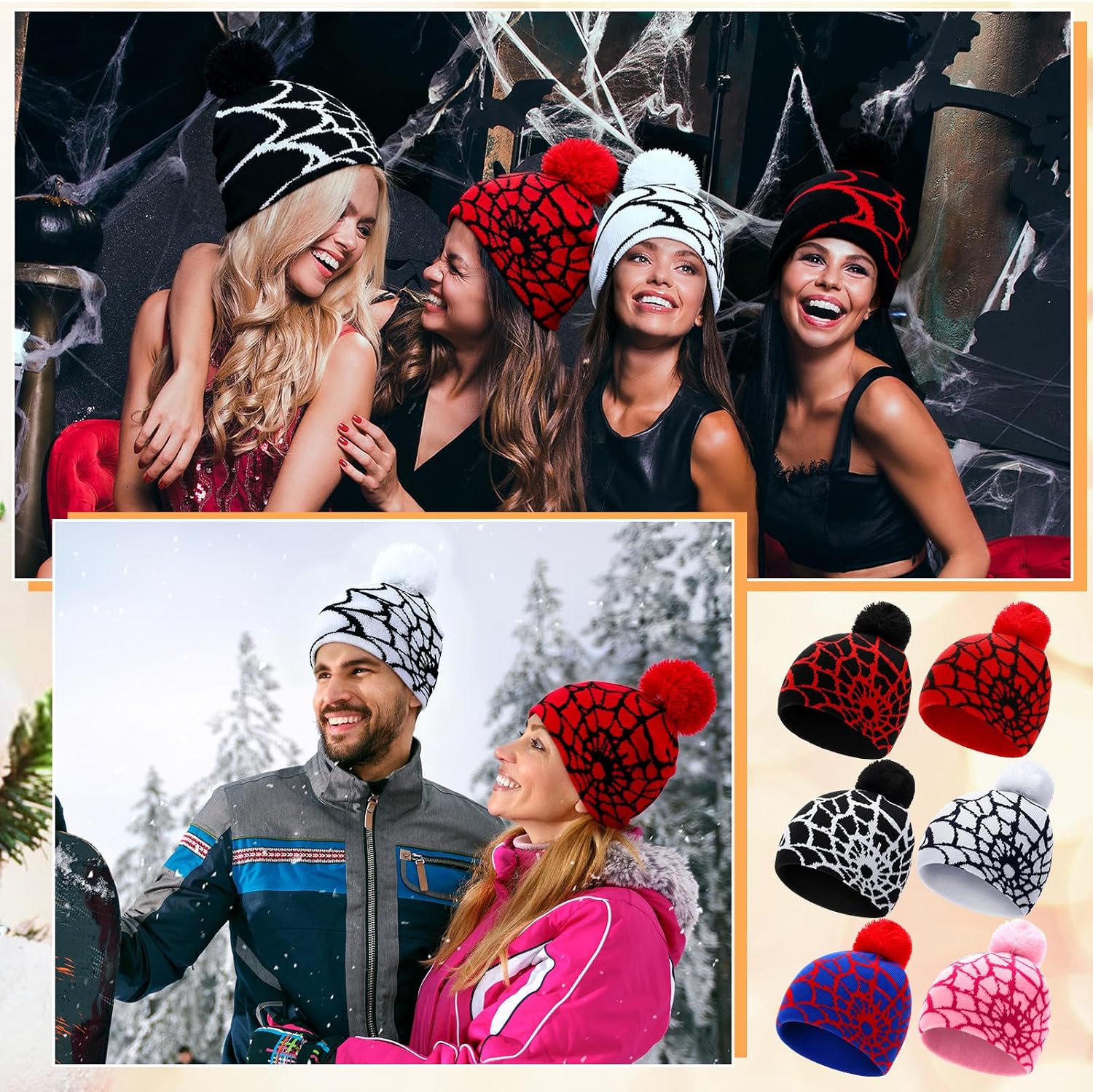 6 Pcs Winter Y2K Gothic Spider Web Beanie Hats for Women Adult Gifts Warm Stretch Skull Beanie Knit Cap