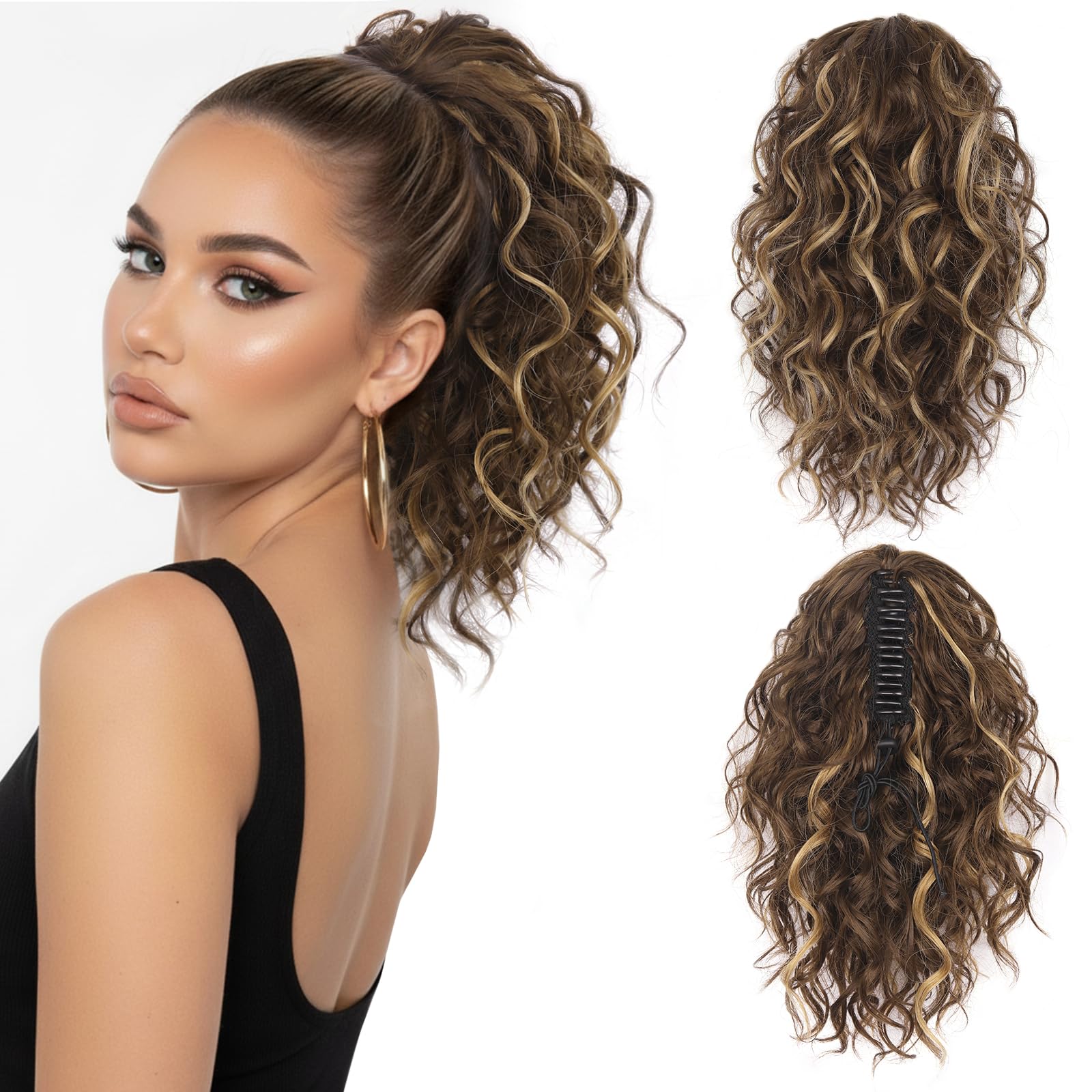 Photo 1 of 12 Inch Curly Ponytail Extension - Clip in Ponytail Hair Extensions, Natural Claw Clip Ponytail Extension, Synthetic Clip on Ponytails for Women (Color: Chestnut Brown with Blonde Highlights)