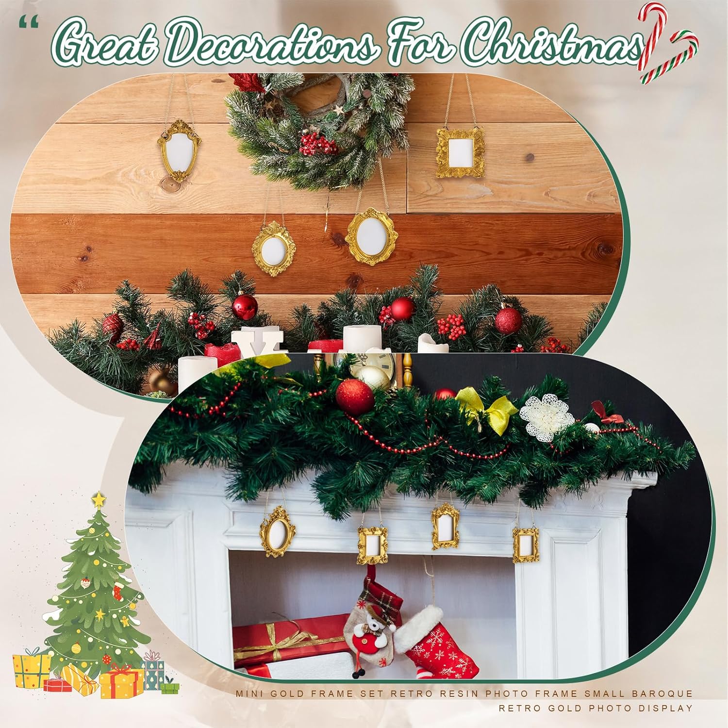 Chunful 8 Pcs Vintage Hanging Small Gold Resin Picture Frame Mini Antique Photo Frame Tiny Vintage Baroque Resin Oval Rectangle Ornament with Back and Chain for Home Wedding Holiday Decor