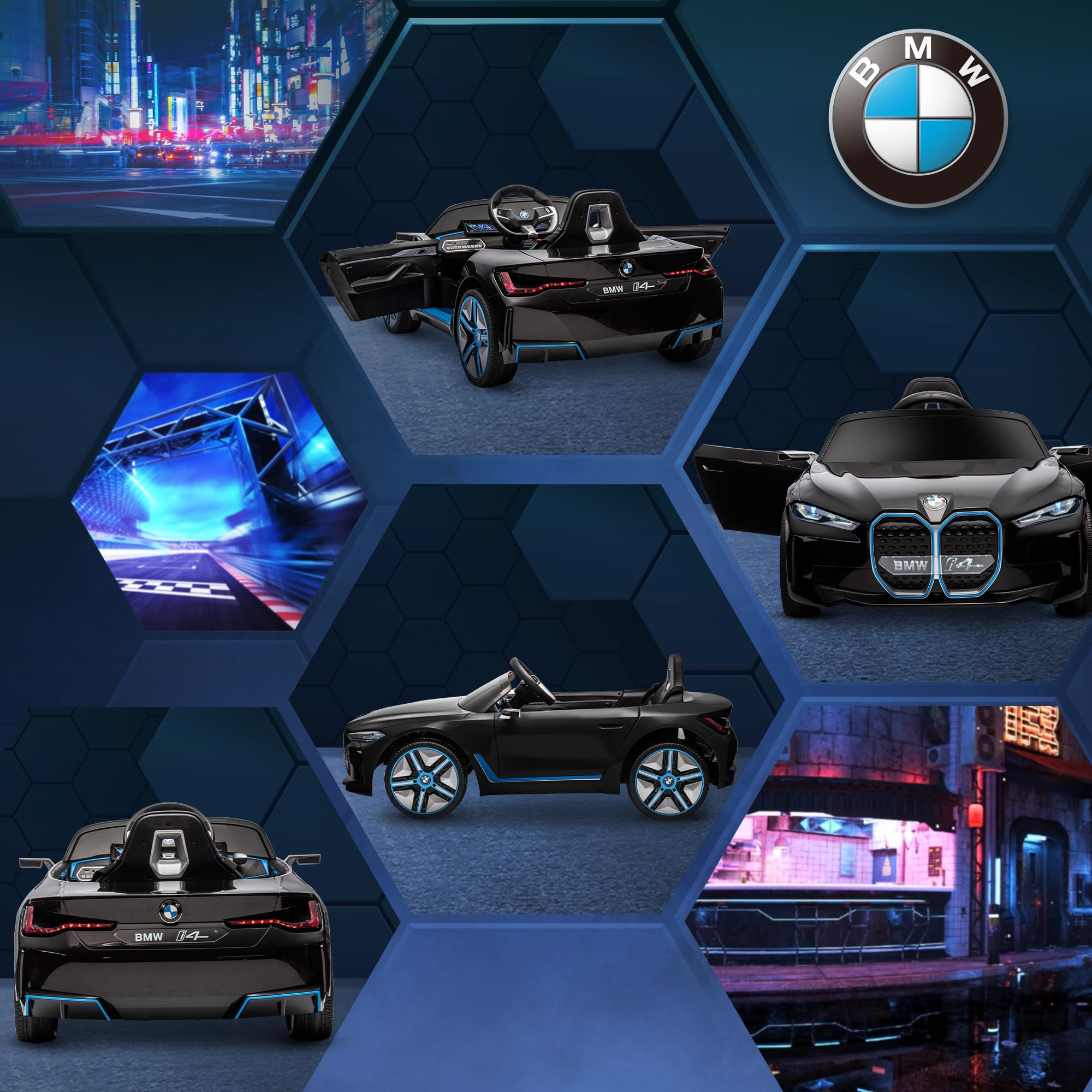 HOMCOM Voiture Électrique Enfants Licence BMW I4 12V 3-5 km/h Noir | Voiture à Batterie, Véhicule Électrique, Télécommande, MP3 Musique, Affichage, Lumières, Ceinture de Sécurité