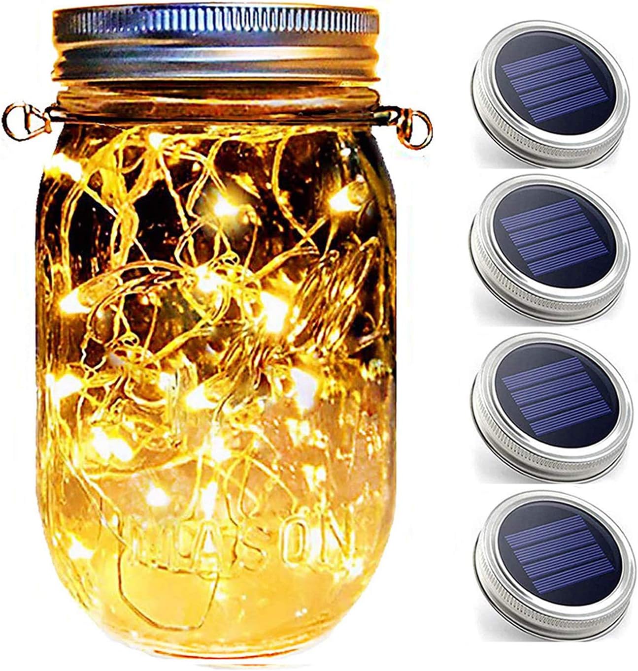 Hanging Mason Jar String Lights Lids,4 Pack 30 LED Bulbs Solar Lights with Hangers(NO Jars),Waterproof Floating Lanterns Fairy Solar Lanterns lights Outdoor Hanging Shed Windows Garden Mason Jar Decor