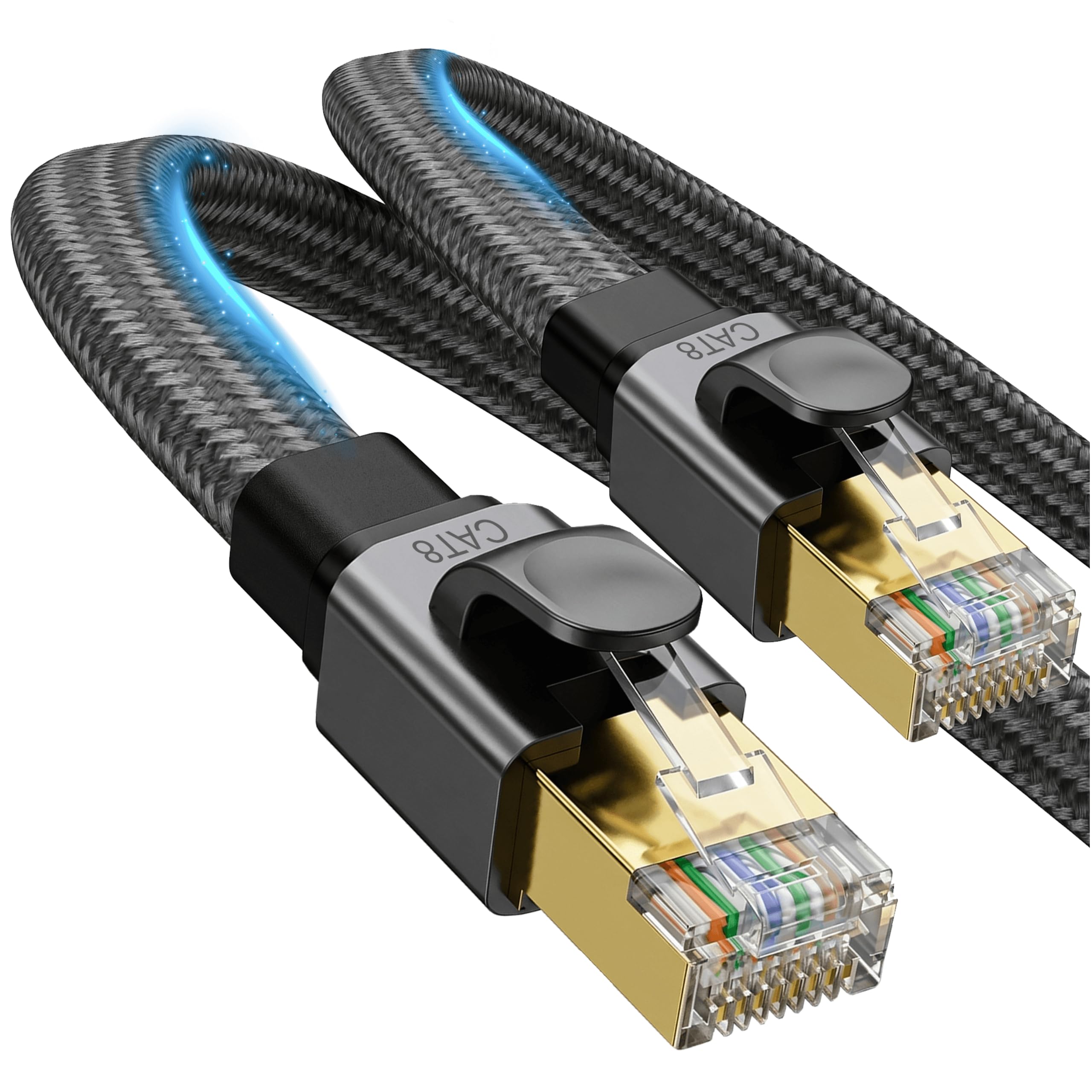 Reagle Câble Ethernet Cat 8 RJ45-15M Plat 40 Gbit/s 2000 MHz – Câble Réseau LAN Internet Blindé avec Gaine Nylon Tressé Connecteurs Dorés pour Routeur Modem Switch PC PS5 Smart TV