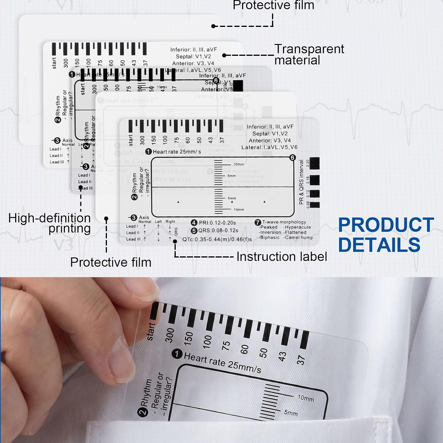 3 Pcs ECG 7 Step Ruler, Transparent Plastic EKG Calipers Measuring Tool, Portable Electrocardiogram Card Ruler for EKG ECG Interpretation