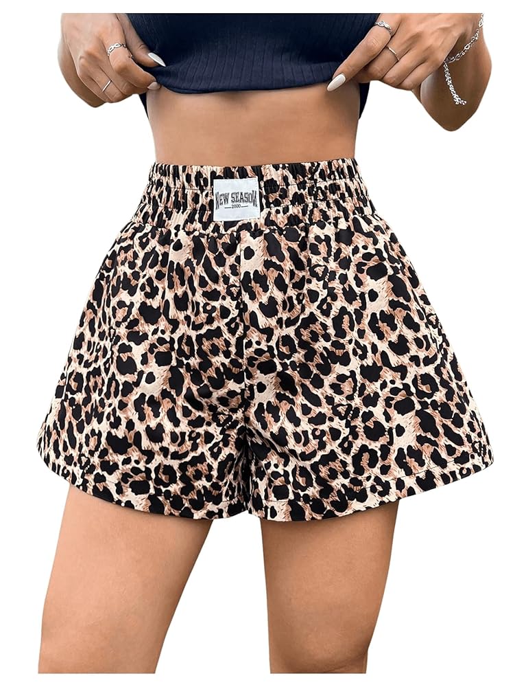 OYOANGLE Women's Leopard Print Elastic High Waist Shorts